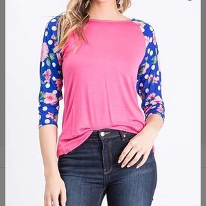 Pink and blue polka dot raglan tee